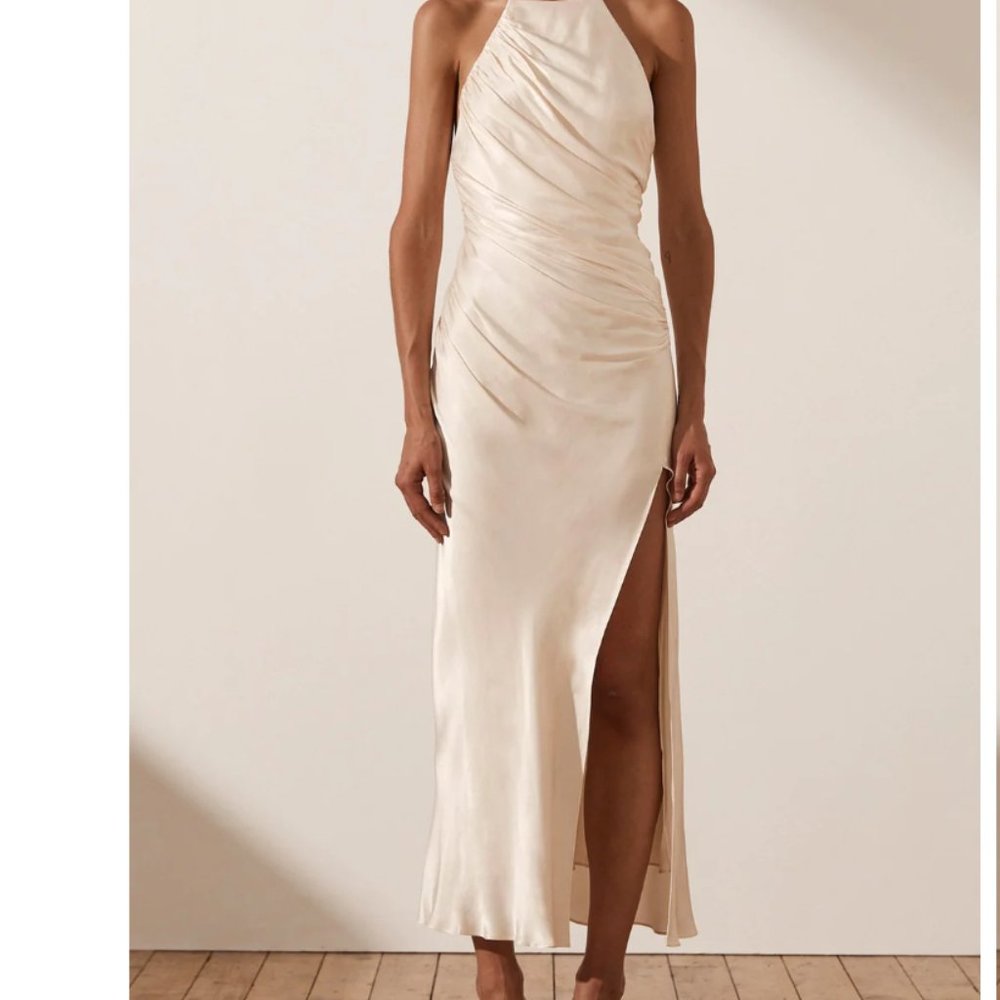 Shona Joy La Lune Gathered Square Neck Bias Midi Dress